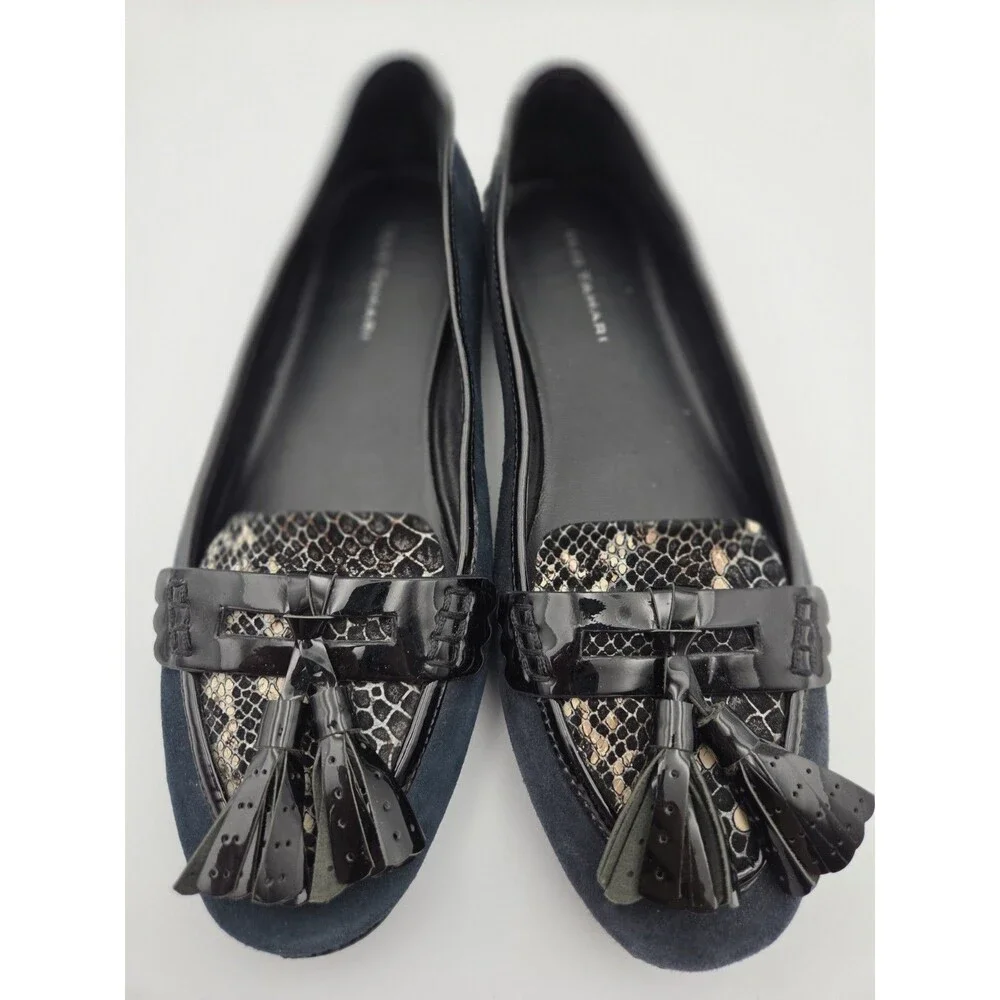 Elie Tahari Women’s Driving Flats 37.5-38 Navy Snakeskin Tassel Slip On Unworn